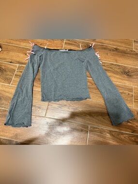Lush Gray Off-Shoulder Long Sleeve Top with Pink Ribbon Accents